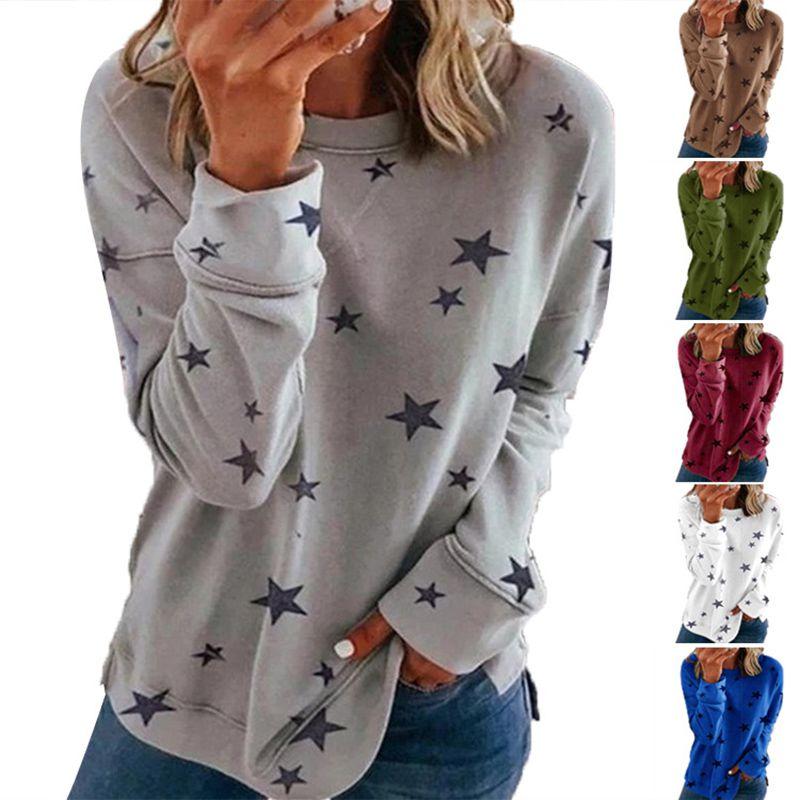 Women Casual Tunic Crew Neck Long Sleeve Star Print Tee Top Blouse For Daily Comfort And Style