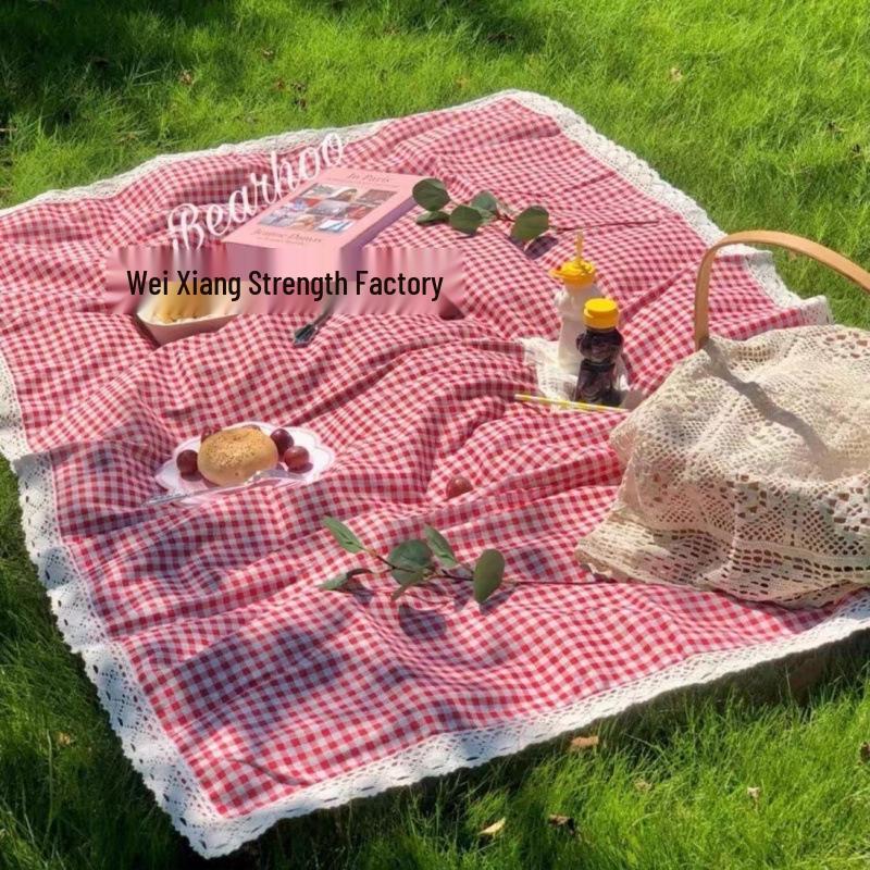 Red Plaid Outdoor Picnic Mat: Thick, Moisture-Proof, Insulated, Lace Trim, Portable for Camping, Photography & Beach.