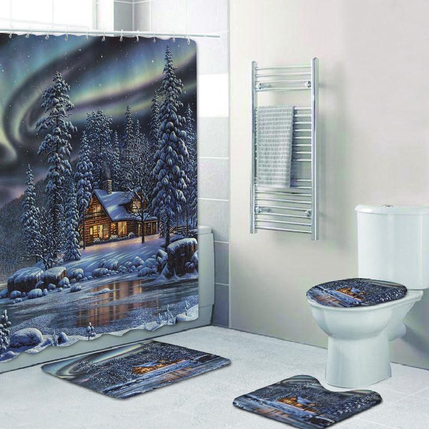 Yeni Noel Ağacı 3D Baskı Duş Perdesi Polyester Su Geçirmez Kırmızı Çan Zemin Mat Tuvalet Seti Banyo Aksesuarları Küf Geçirmez