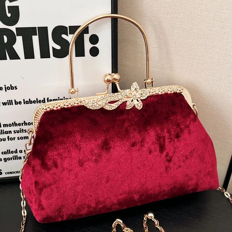 Vintage Shell Abend Clutch für Frauen Hochzeit Abschlussball Braut Flock Schultertaschen Luxus Damen Samt Messenger Bags
