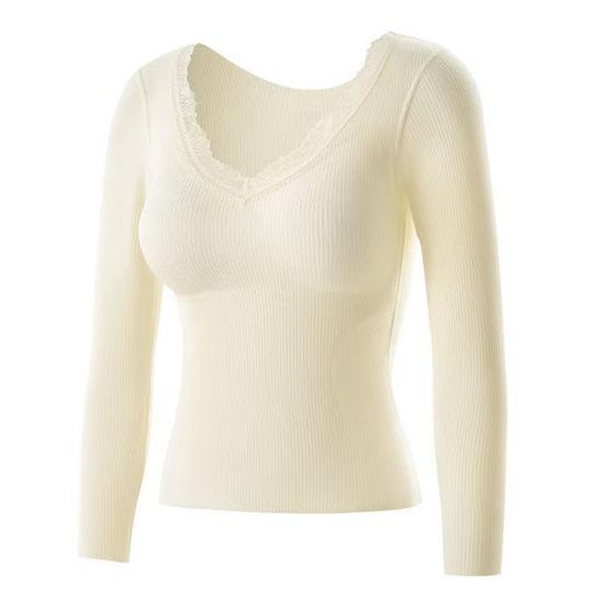Damen Unterzieh-Tops V-Ausschnitt Spitzenbesatz Langarm Slim Fit Thermische Tops Einfarbig Gepolsterte Innenschicht Winterhemd