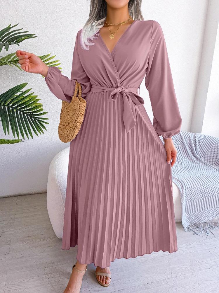 Elegantes Damen Plissee Maxikleid Langarm V-Ausschnitt