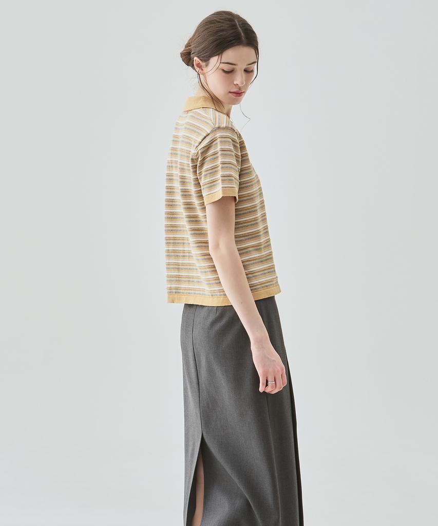 Deuloupisumeon Cotton Striped Short Sleeve Collared Knit [Beige]