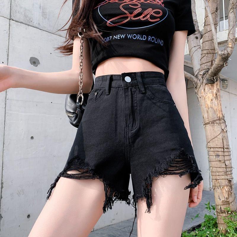Pants Classic and Minimalist Fashion Versatile Broken Holes Female Summer High Waist Thin Outside Wear A-line Wide Leg Denim Shorts Individuality