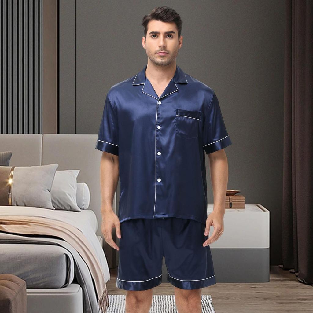 Yousheng 2 Buc/Set Set Pijama Bărbați Rever Mânecă Scurtă Topuri cu Nasturi Scurți cu Talie Elastică Set Culoare Solidă Satin Articole de Dormit
