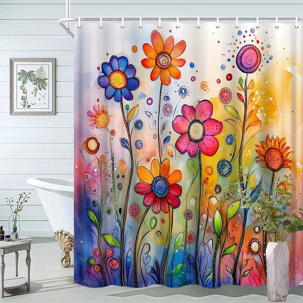 Floral Pattern Shower Curtain - Colorful Creative Design, Polyester Bathroom Decor, 12 Hooks