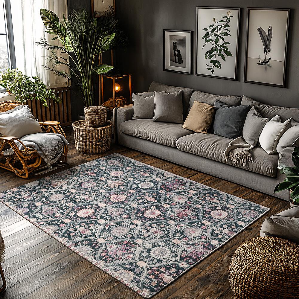 Navy Blue Floral Bohemian Rug, Purple Pink Pattern Non-Slip Carpet, Cozy Living Room Mat for Home Decor