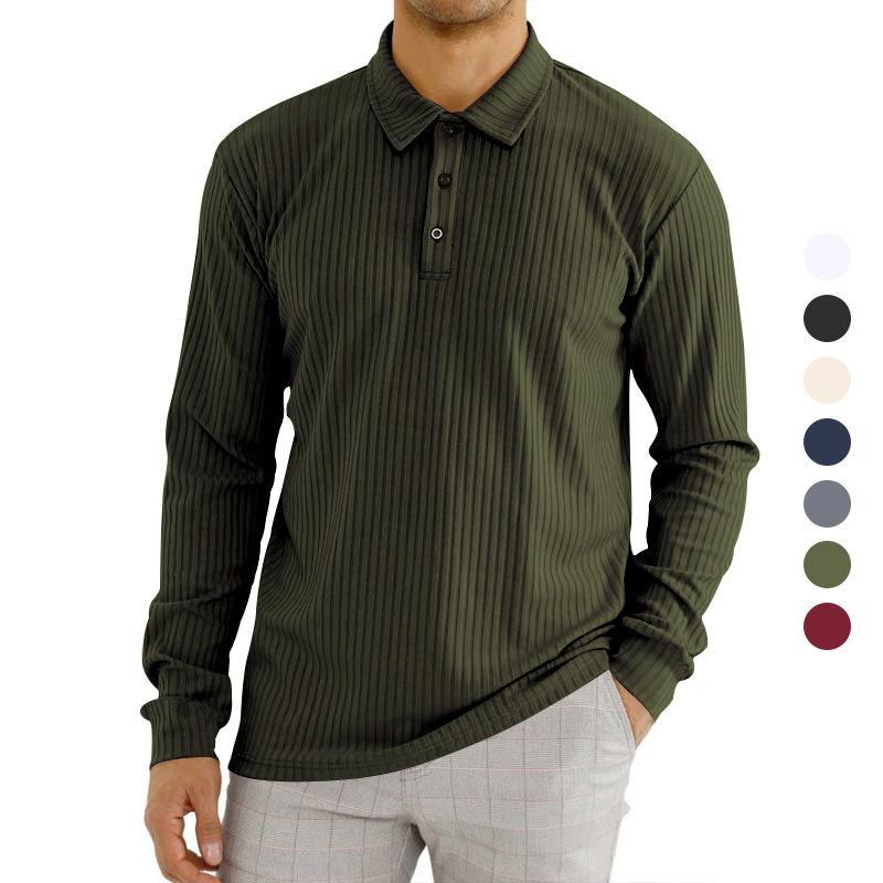 European and American Style Men's Spring Autumn Long Sleeve T-shirt Solid Buttoned Turn Down Collar Polo Shirt