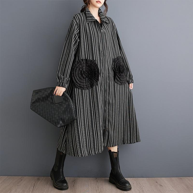 Långärmad Plus size vintage blommig rand nyinkommen klänningar för kvinnor avslappnad lös vår höst Skjortklänning