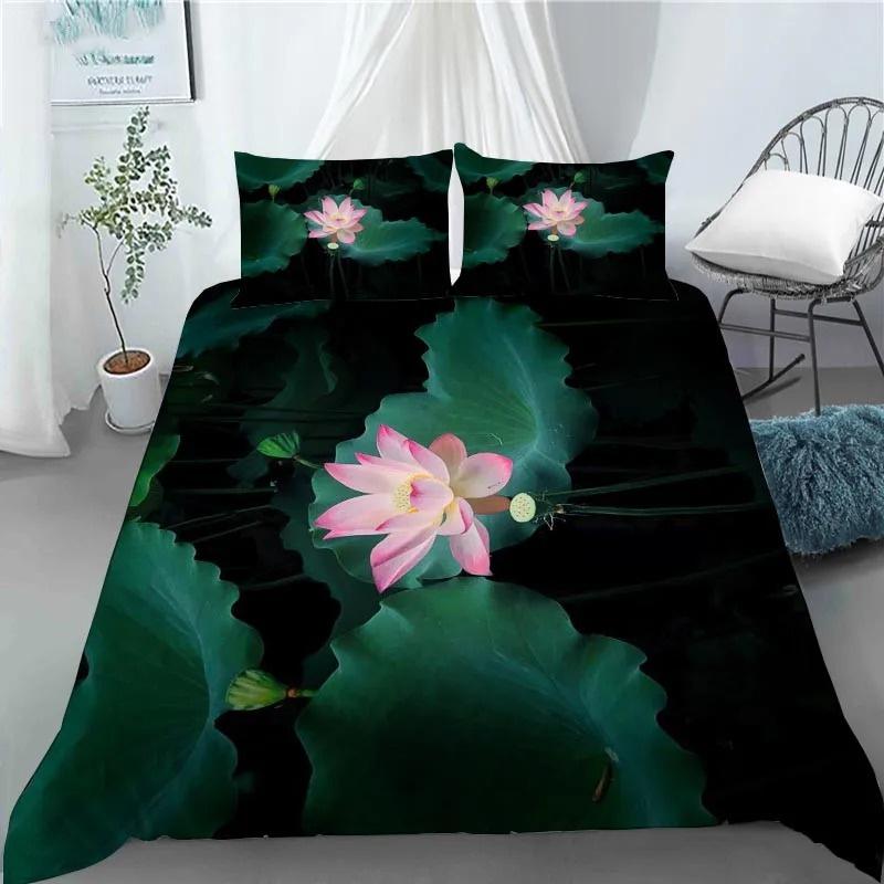 Husă de plapumă cu pictură 3D cu floare de lotus, husă de plapumă din poliester cu fețe de pernă, mărime king, queen pentru copii, adolescenți, adulți, decor pentru pat, cadouri