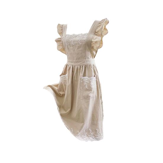 Yousheng Kitchen Apron Adjustable Strap Sleeveless Double Pockets Waist Tie Japanese Style Dining Room Women Lace Cooking Apron Daily Use