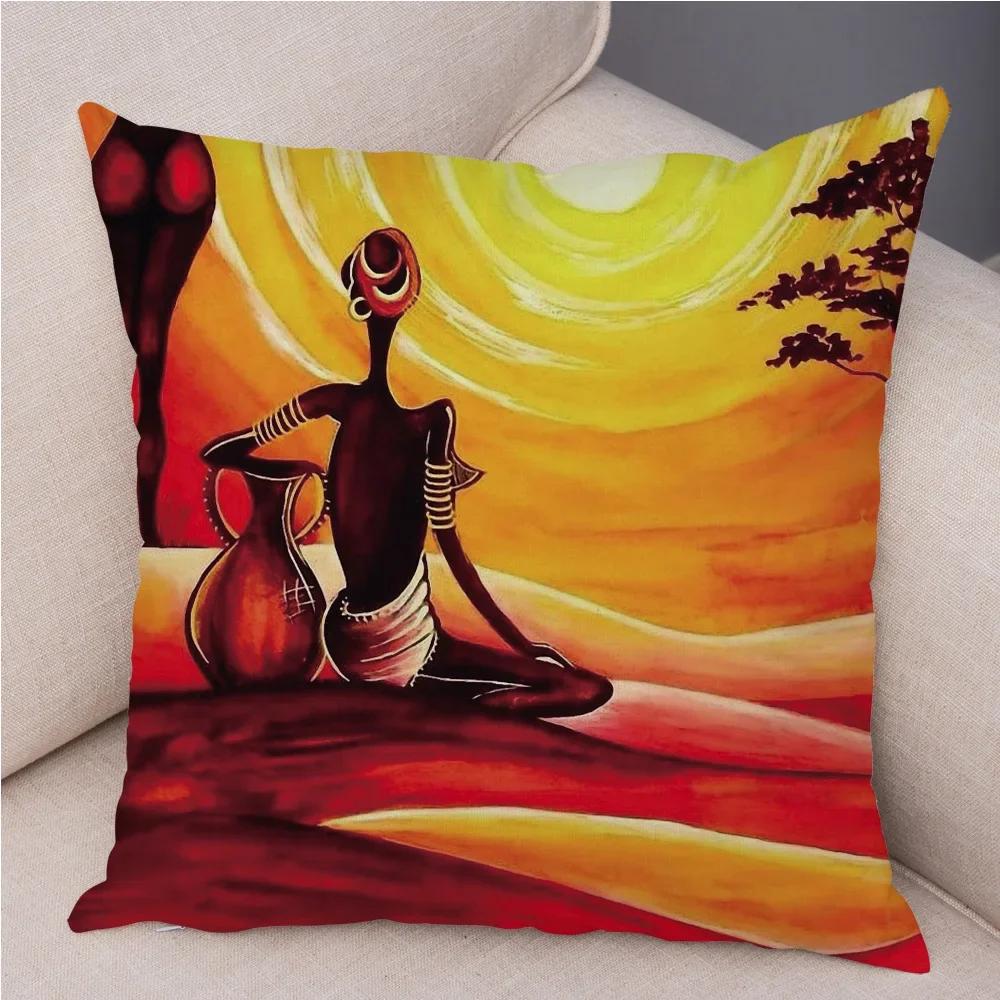 African Woman Soft Plush Cushion Cover for Sofa Home Decor Orange Abstract Painting Pillow Case Africa Life Collection Pillowcae