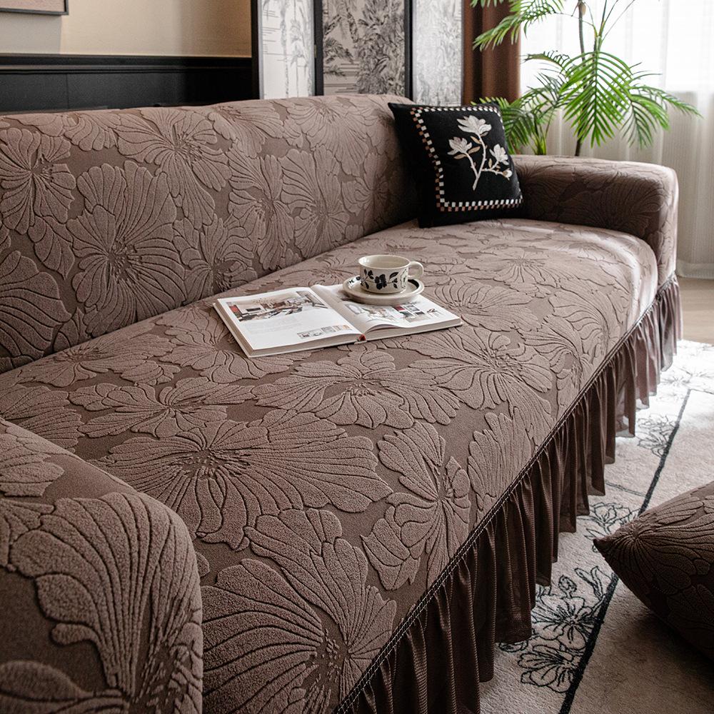 New Jacquard Velvet All Season Elastic Protective Cover with Anti Cat Scratch Skirt Edge Sofa Cover