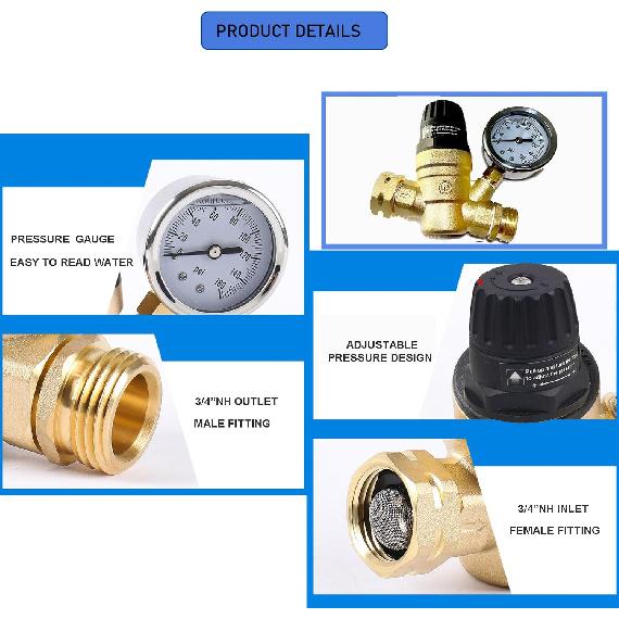 RV Water Pressure Regulator Valve With Handle Adjustable, Silicone Oil Gauge, Double Filters,Made Of Leadless Brass,0-160 PSI Gauge,3/4" Connector