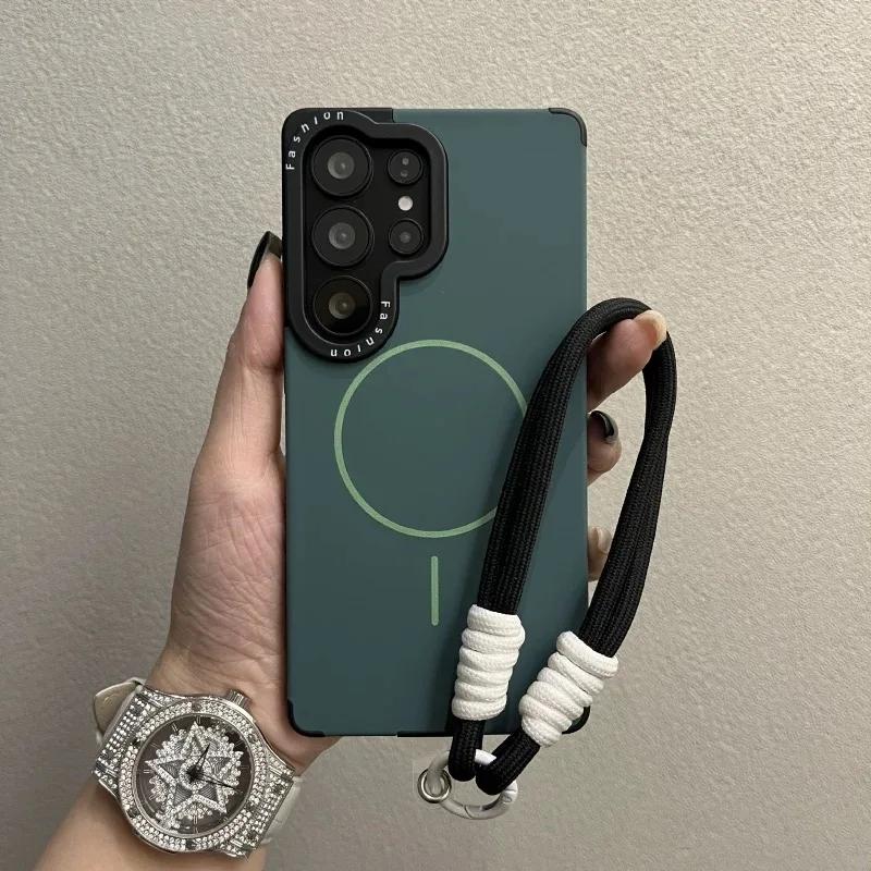 Capa com Cordão Líquido Magnético de Sucção para Anel Fino de Cor Pura para Samsung S22 S23 S24 S25 Ultra S25 Plus S25 Capa com Impressão de Moldura