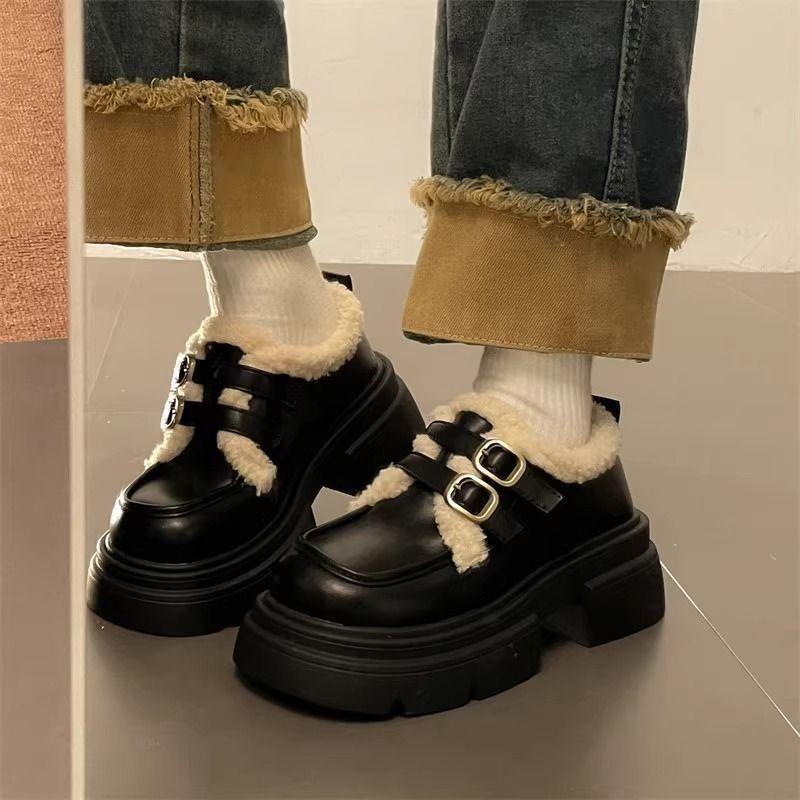 British Style Small Leather Shoes Women's Autumn and Winter New Platform Super Soft Velvet Cotton Shoes Mary Jane Shoes