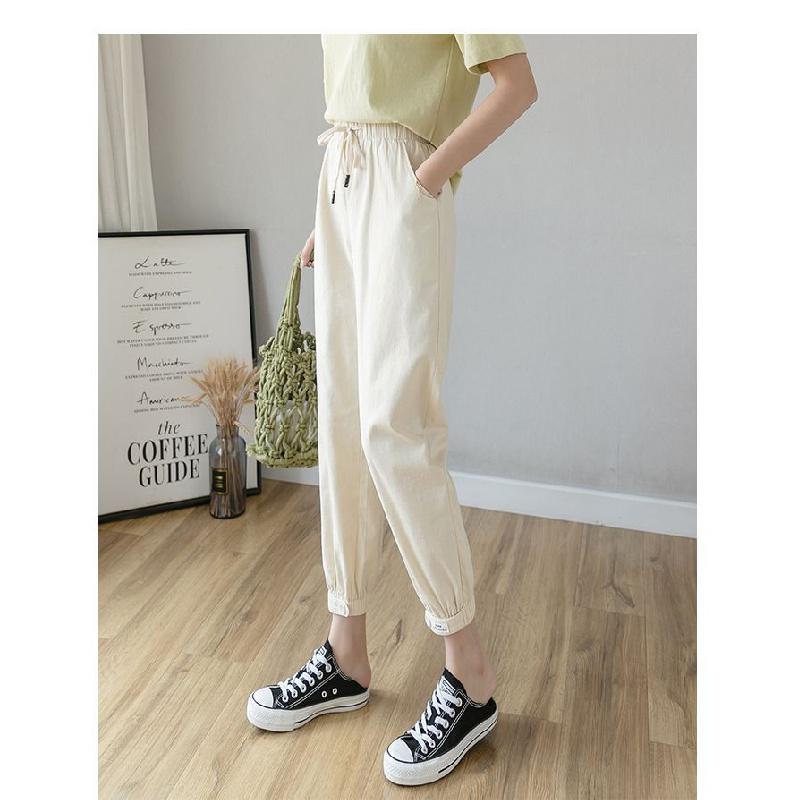 2026 Women's Thin Cotton-Linen Pants, High-Waisted, Loose-Fit, Cuffed, Nine-Quarter Length, Casual Harem Pants