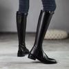 Black Elegant with Low Heels Pointed Toe Leather Women's Long Boots 2025 Autumn Winter Fleece-Lined Ladies Knee High Shaft Shoes