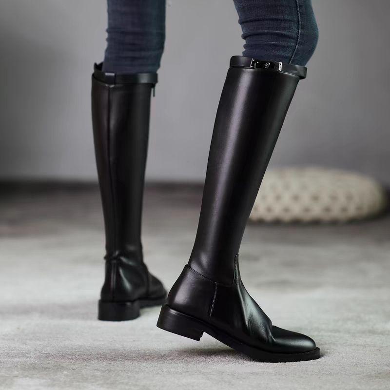 Black Elegant with Low Heels Pointed Toe Leather Women's Long Boots 2025 Autumn Winter Fleece-Lined Ladies Knee High Shaft Shoes
