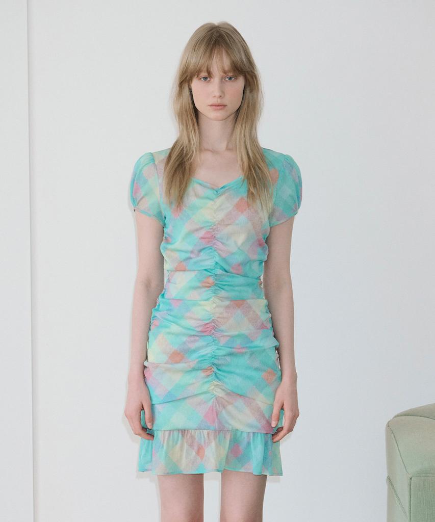 Sinun Check Printed Shirring One-Piece (Mint)