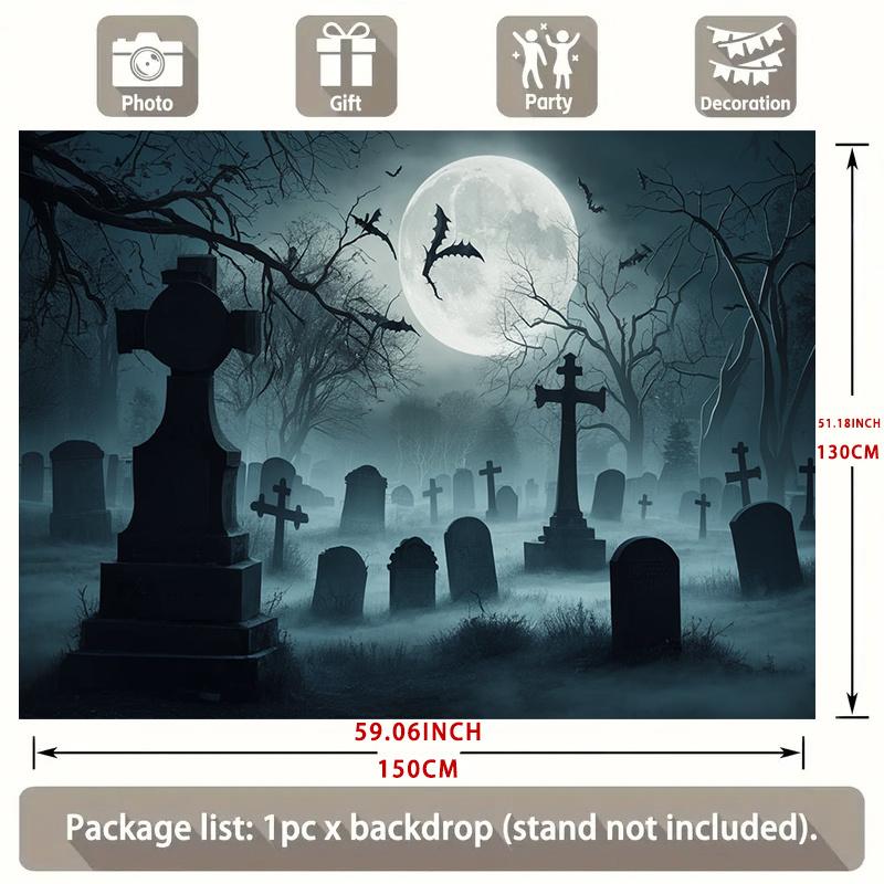 Moonlight Graveyard Party Banner - Scary Halloween decoration with full moon tombstones and bats