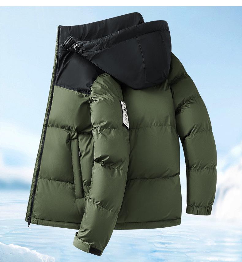 Men's Color Block Hooded Down Cotton Jacket with Wool Filling - Thick, Warm, Loose-Fit, Stand Collar Winter Coat