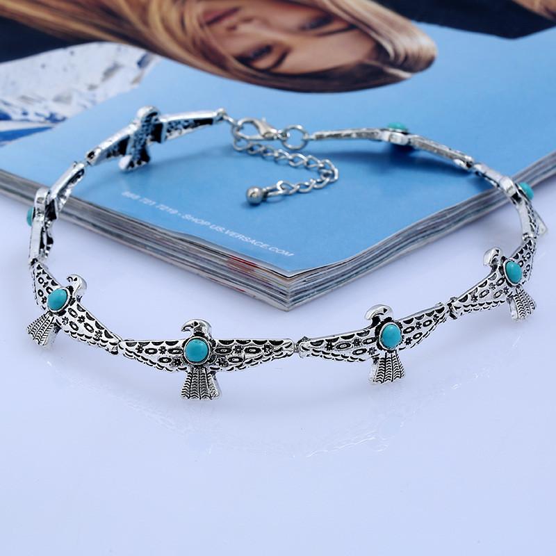 Gypsy Bohemian Geometric Necklace With Bird Design Artificial Turquoise Decor For Women Fashion Jewelry