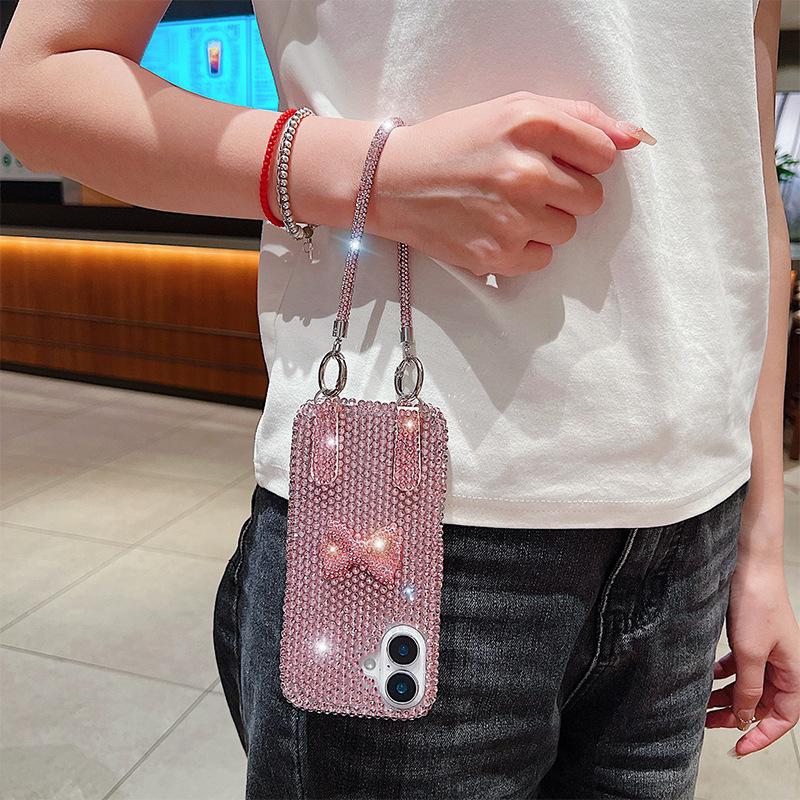 Premium Flash Diamond Bow Lanyard Mobile Phone Case Is Suitable for Apple 17Promax Women's Iphone16 Protective Case.