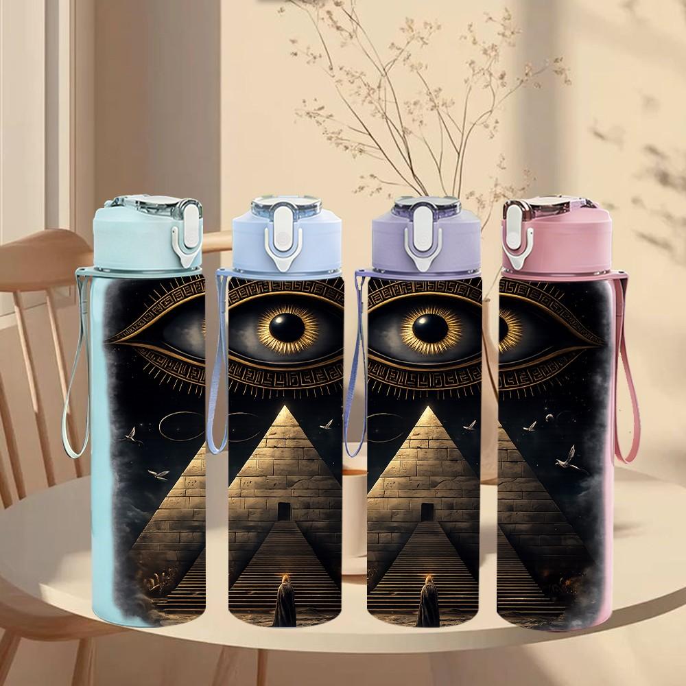 1PC All Seeing Eye Pyramid Mystic Art 750ml Color Plastic Sports Water Bottle Leakproof Flip Straw Lid Suitable for Sports Office Home Use