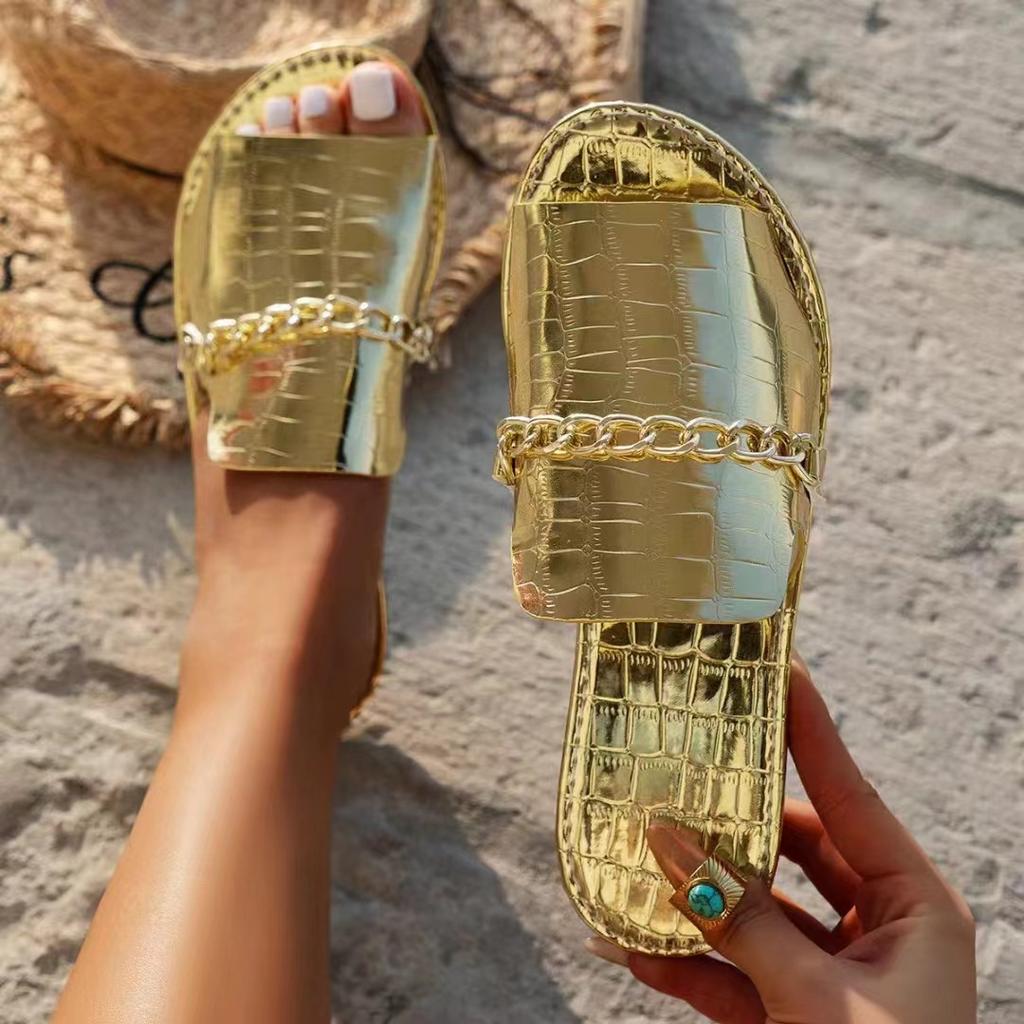 Fashion 2025 Summer New Gold Metal Chain Peep Toe Slippers Women’s Flat Luxury Outdoor Beach Flip Flop Female Sandals Trend Slides Shoes