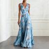 Women Sleeveless V Neck Waist Zip Floral Print Evening Gown Dress with Flowing A Line for Formal Occasions
