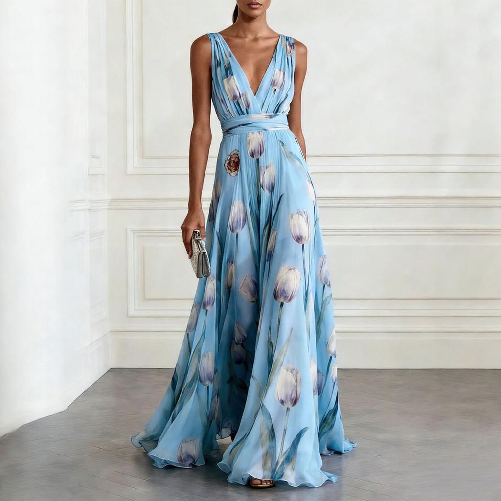 Women Sleeveless V Neck Waist Zip Floral Print Evening Gown Dress with Flowing A Line for Formal Occasions