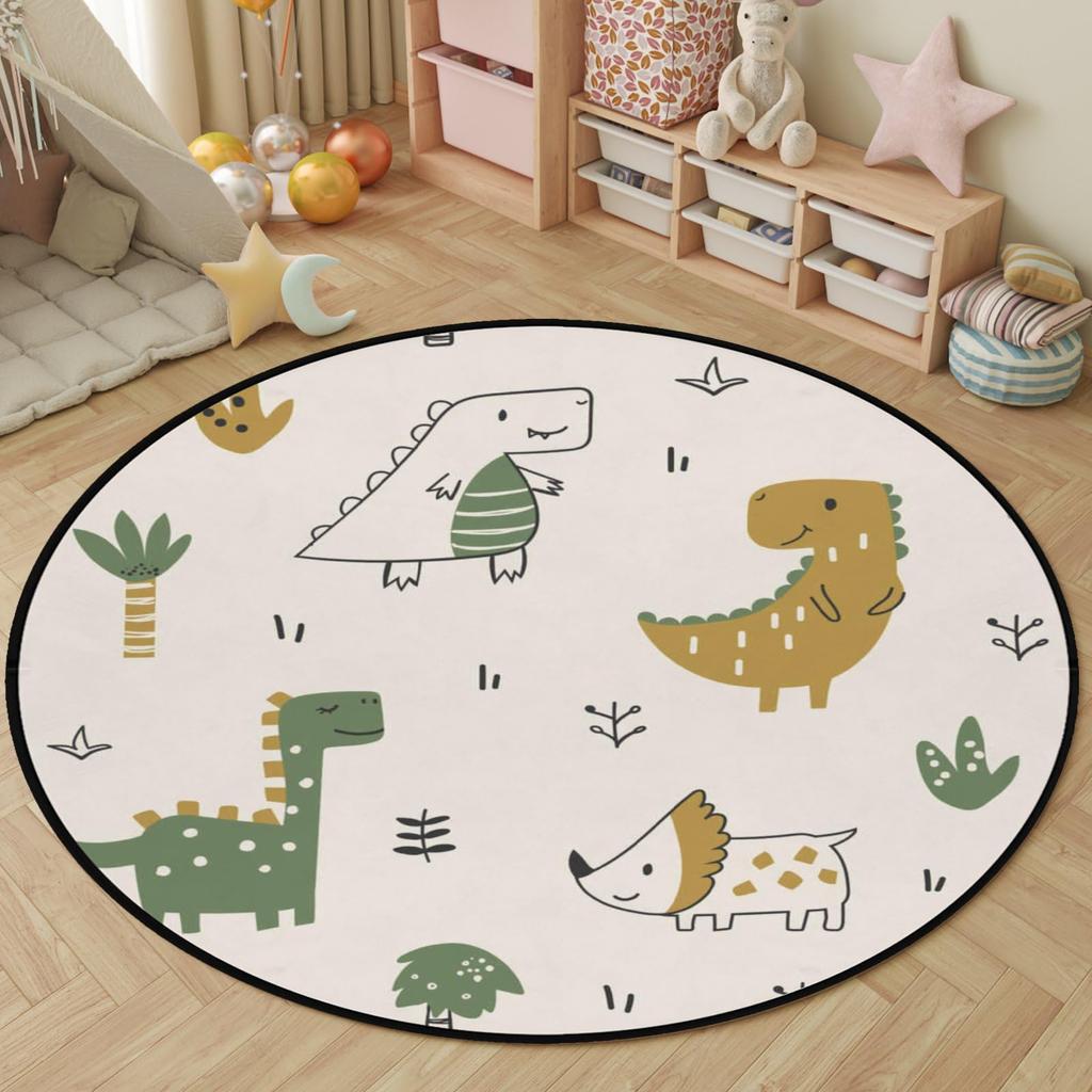Cartoon Dinosaurer Runder Teppich Niedlicher Dino Kreis Teppich für Wohnzimmer Spielzimmer Büro Wäscheraum Dekor Rutschfest Komfort Spiel Yoga Matte