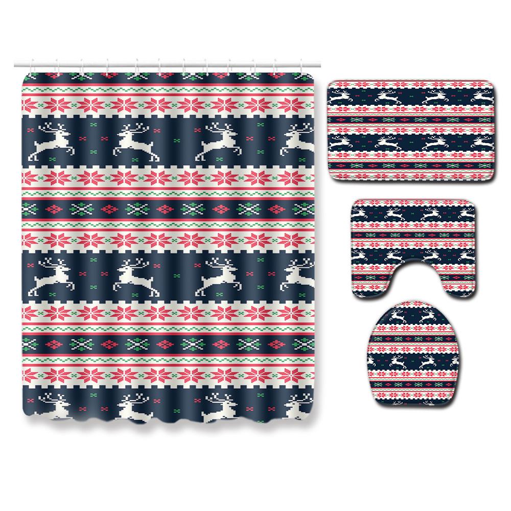 3D Digital Printing Christmas Waterproof Shower Curtain Four-Piece Bathroom Non-Slip Door Mat Toilet Absorbent Floor Mat Carpet
