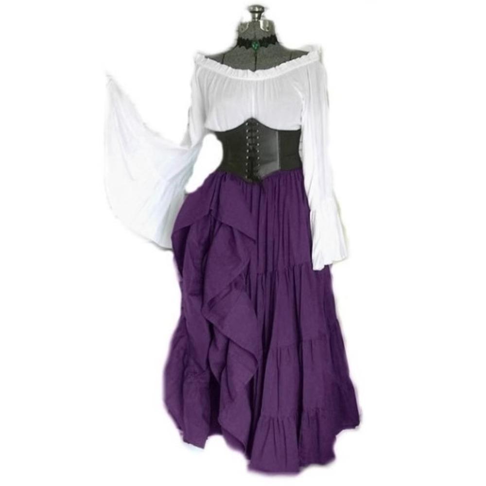 Women's Off Shoulder Long Sleeve Maxi Dress Loose Fit High Waist Renaissance Medieval Cosplay Dress
