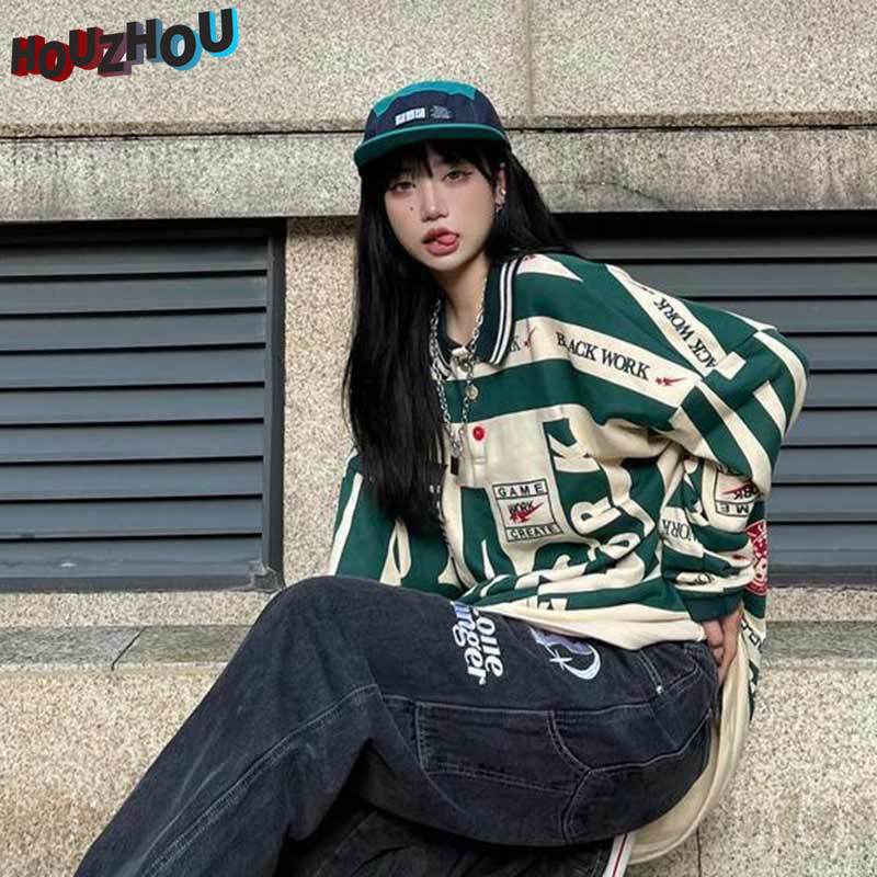 Pull ample surdimensionné vintage pour femme, streetwear décontracté, hip-hop, harajuku, polo à revers pour fille