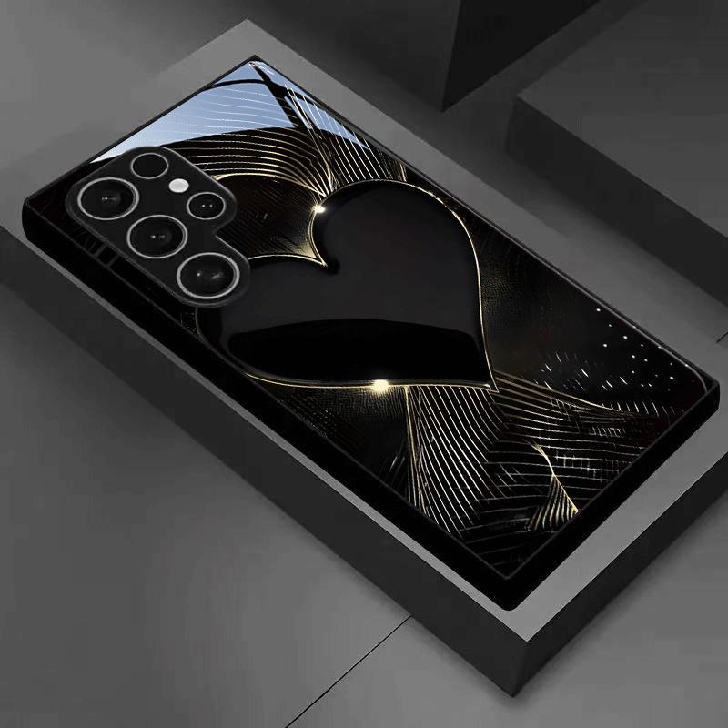 Schwarzgold Herzförmige gehärtete Glas Handyhülle geeignet für Samsung Galaxy S26 S25 S24 S22 S21 S20 FE/Ultra/Plus5G sturzsicher