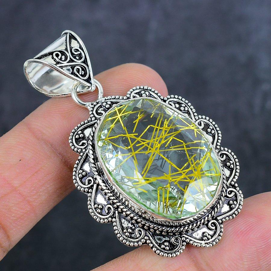 Natural Golden Rutile Gemstone 925 Sterling Silver Jewelry Pendant 2.25" c6Z73