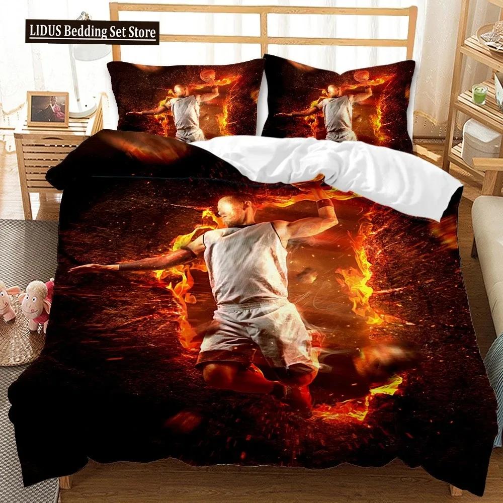 Basketball Duvet Cover Set 3D Print Cool Bright Fire Basketball Sport Comforter Cover For Kids Boy Girl Polyester Bedding Set