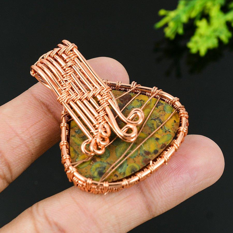 Natural Bamboo Jasper Gemstone Handmade Copper Wire Wrap Pendant 1.65 V3f92