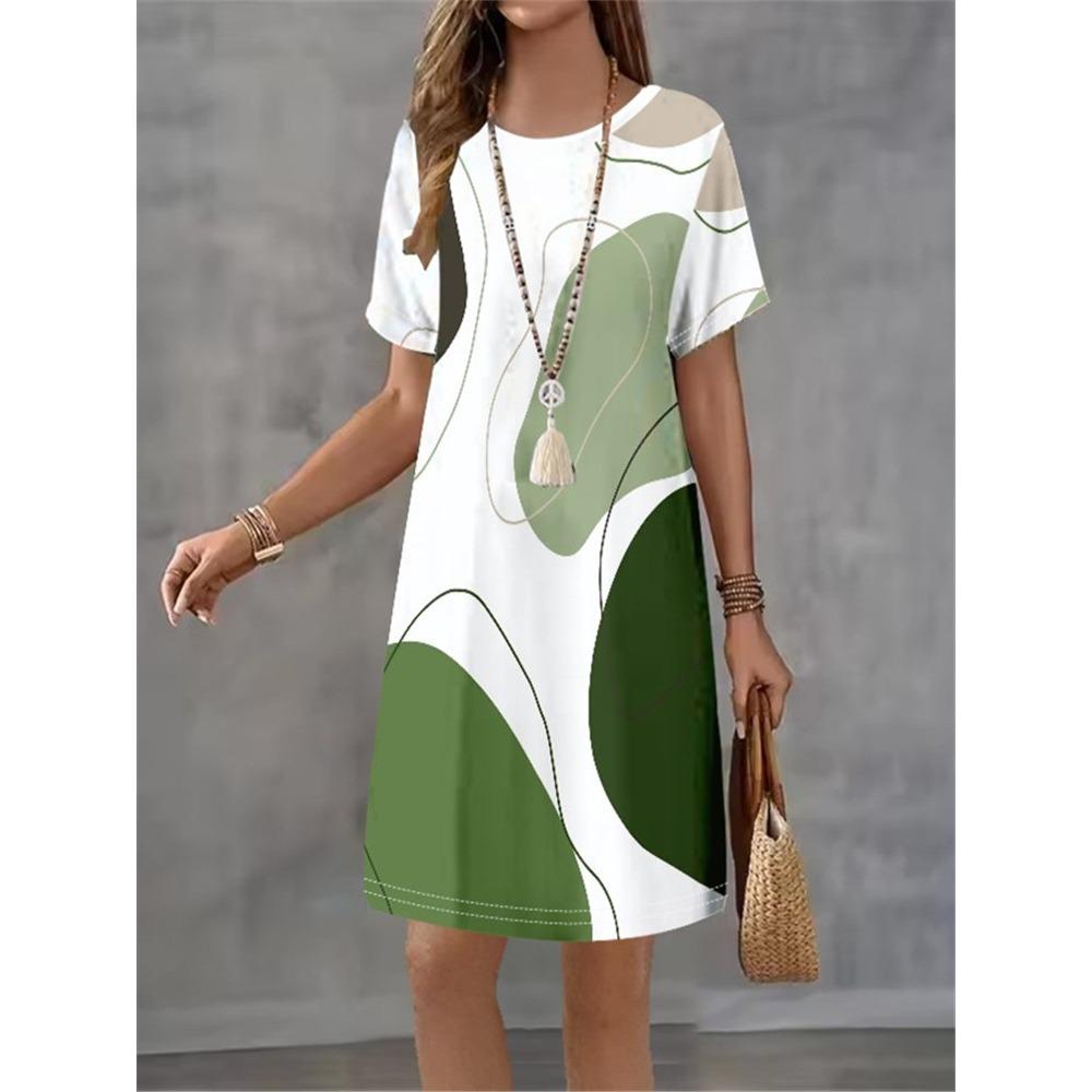 Summer Woman Dresses Women's Round Neck Short Sleeves Clothing Irregularly Streak Print Dress Clothing Loose Pullover Streetwear