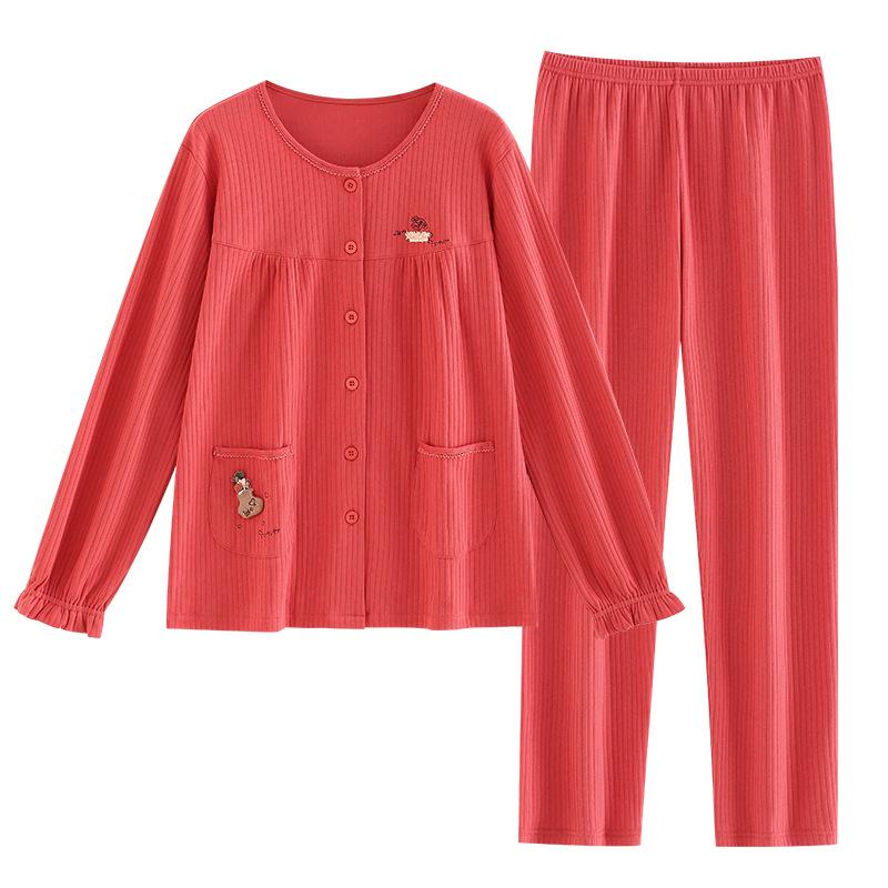 Pyjama Dames Lange Mouw Katoen Ronde Hals Vest Eenvoudig Casual Grote Maat Katoenen Loungewear Herfst Set
