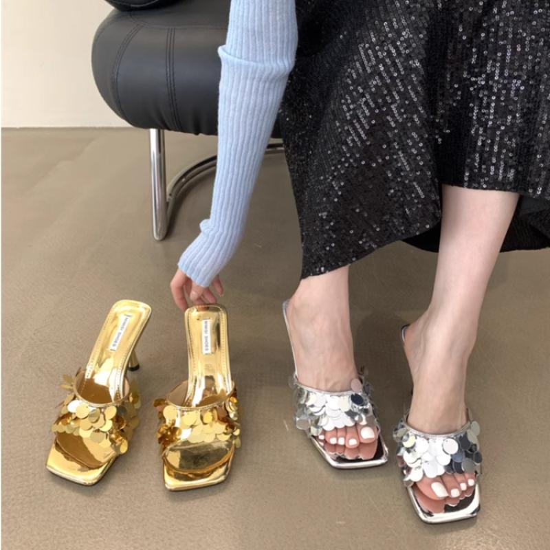 Women Sexy Stiletto High Slippers Square Toe Open Toe Classic Leather Fashion Summer Elegant Sequin Outdoor Beach Party Pumps