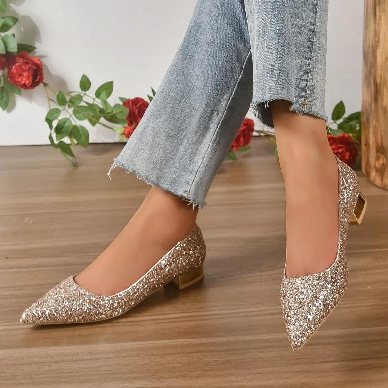 Women's Flat Shoes  Low Heel Shallow Mouth Sequins Spring and Autumn Flat Shoes for Women