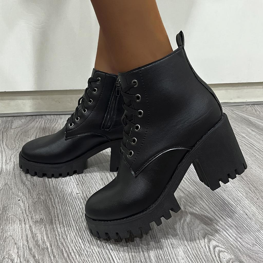 Bottines Sexy à Talons Hauts et Fermeture Éclair Latérale pour Femmes Automne Mode Noir Bout Rond Bottines Chelsea à Plateforme Épaisse Bottes pour Femmes