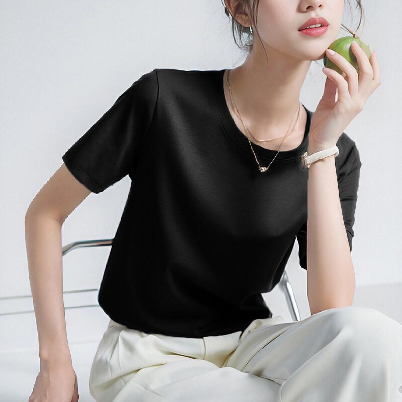 Women's High-End White Mercerized Cotton T-Shirt - Summer 2026 Pure Cotton Short Sleeve, Round Neck, Loose Fit, Slimming Top