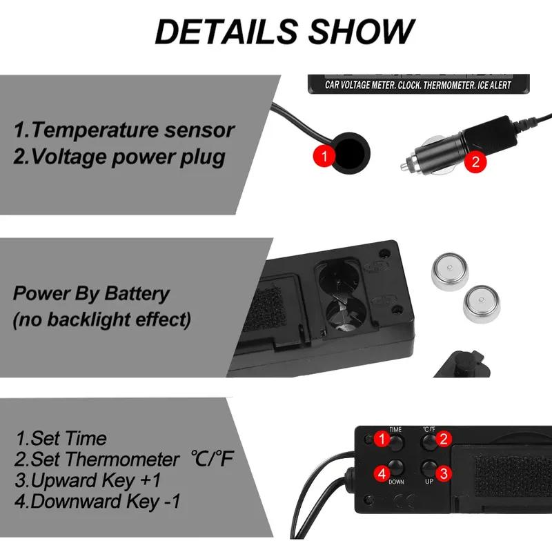 12-24V Car 3 In 1 Digital Inner & Outer Thermometer Display Car Battery Voltmeter & LCD Clock with Temperature Sensor Backlight