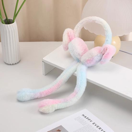 Women's Winter Earwarmer Cute Plush Earmuffs with Moving Jumping Rabbit Ears Gradient Color Ear Covers Headband for Women Girls