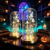 Scary Lighted Sculpture Halloween Indoor Light Up Ghost In Dome Cloche, Cute 3 Mini Figurine Scene Prop Night with Warm LED for Party Home Table