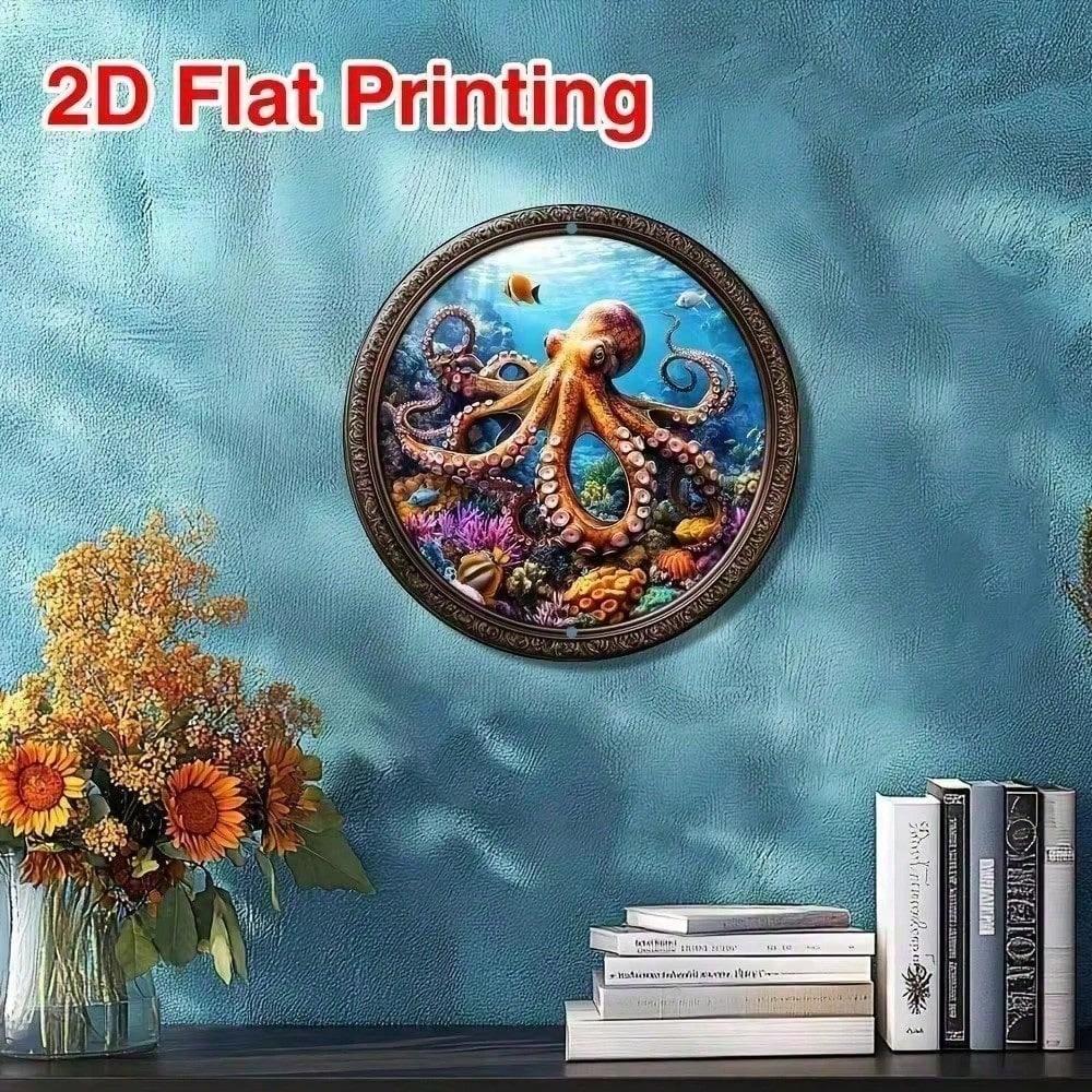 Metal Poster Octopus Vintage, 2D Flat Aluminum Wall Art for Living Room